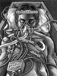 Patient on life support. Artwork showing a hospital patient plugged into life support equipment. This could also represent medical ethics and the decisions faced by medical staff when faced with critically or terminally ill patients and the financial and resource requirements of keeping them alive.