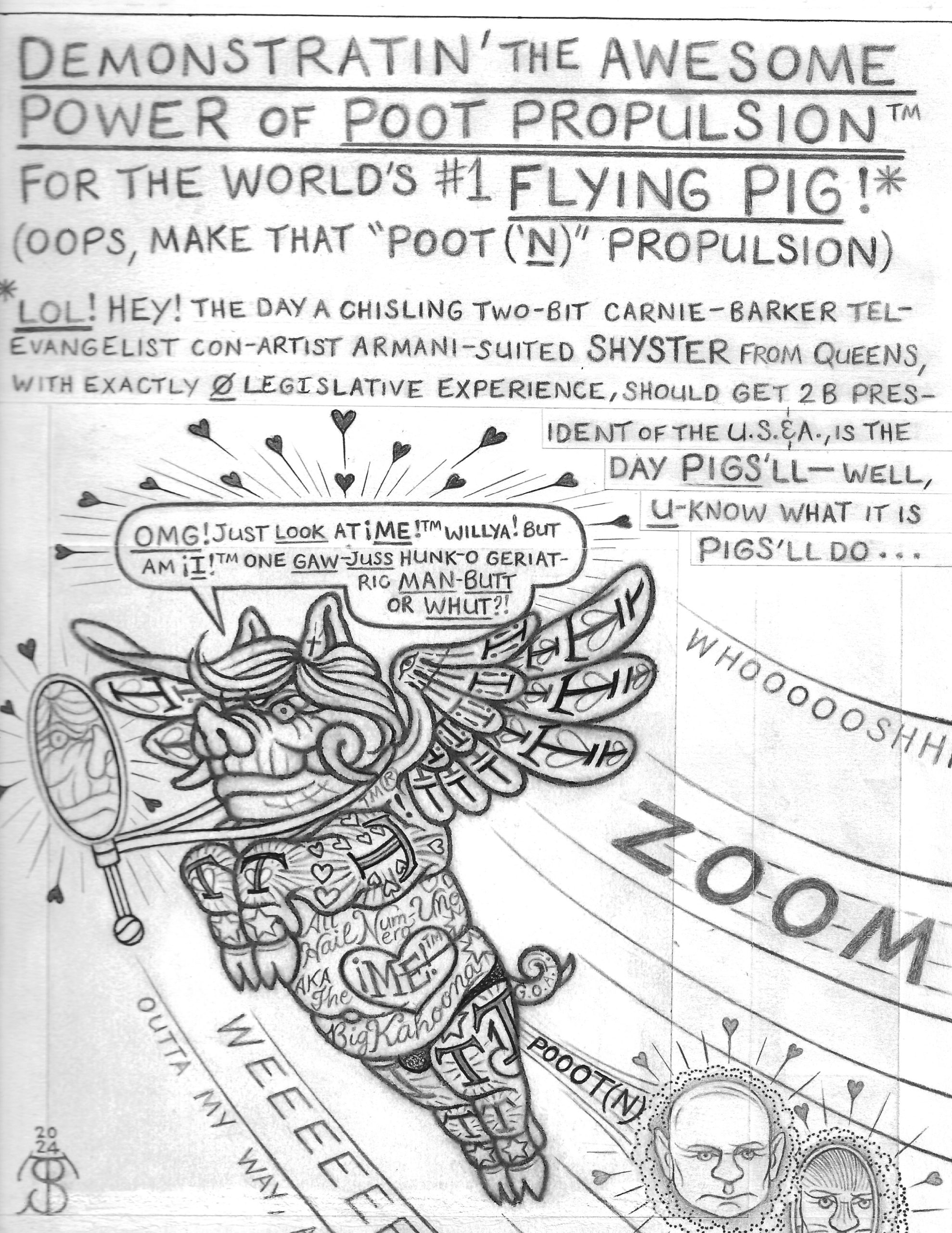 A political cartoon depicting Donald Trump as a flying pig powered by Vladimir-Putin-farts